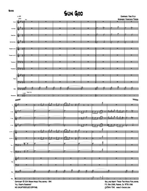Sun God score (Download) Latin jazz printed sheet music www.3-2music.com composer and arranger Jose Rizo little big band instrumentation