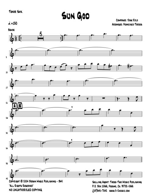 Sun God tenor (Download) Latin jazz printed sheet music www.3-2music.com composer and arranger Jose Rizo little big band instrumentation