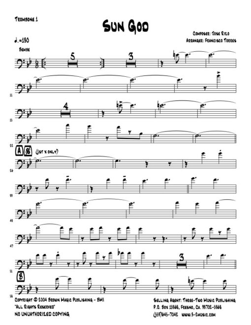 Sun God trombone 1 (Download) Latin jazz printed sheet music www.3-2music.com composer and arranger Jose Rizo little big band instrumentation