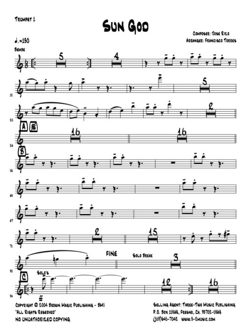 Sun God trumpet 1 (Download) Latin jazz printed sheet music www.3-2music.com composer and arranger Jose Rizo little big band instrumentation