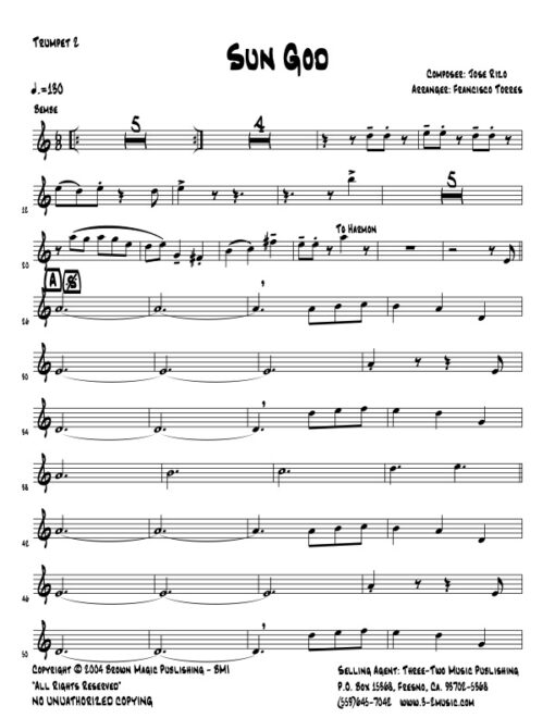 Sun God trumpet 2 (Download) Latin jazz printed sheet music www.3-2music.com composer and arranger Jose Rizo little big band instrumentation
