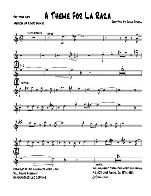 A Theme for La Raza baritone (Download) Latin jazz printed sheet music www.3-2music.com composer and arranger Jules Rowell little big band