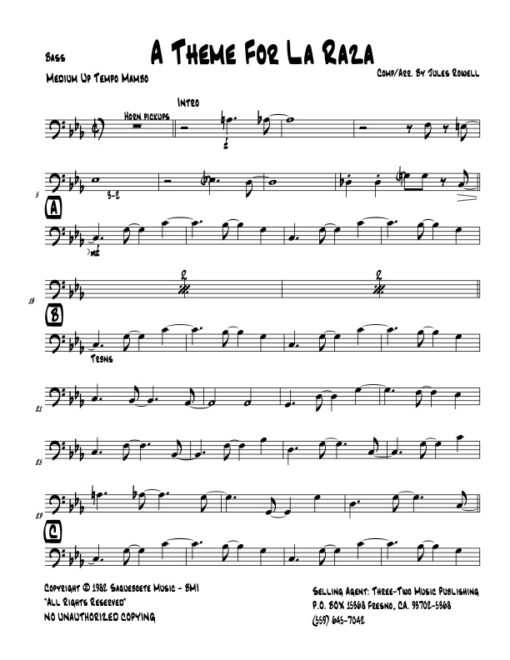 A Theme for La Raza bass (Download) Latin jazz printed sheet music www.3-2music.com composer and arranger Jules Rowell little big band