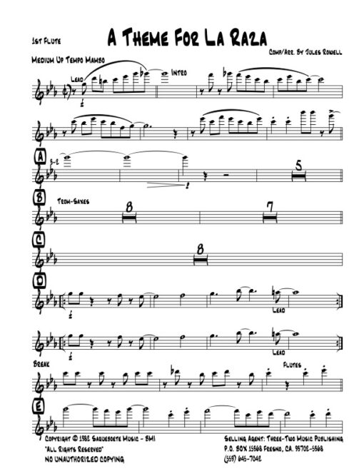 A Theme for La Raza flute 1 (Download) Latin jazz printed sheet music www.3-2music.com composer and arranger Jules Rowell little big band