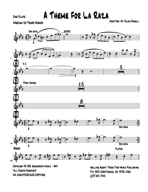 A Theme for La Raza flute 2 (Download) Latin jazz printed sheet music www.3-2music.com composer and arranger Jules Rowell little big band
