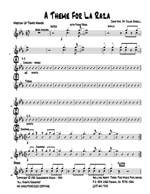 A Theme for La Raza percussion (Download) Latin jazz printed sheet music www.3-2music.com composer and arranger Jules Rowell little big band