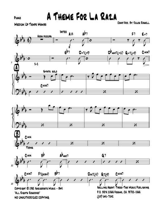 A Theme for La Raza piano (Download) Latin jazz printed sheet music www.3-2music.com composer and arranger Jules Rowell little big band