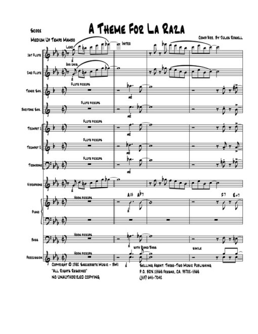 A Theme for La Raza score (Download) Latin jazz printed sheet music www.3-2music.com composer and arranger Jules Rowell little big band