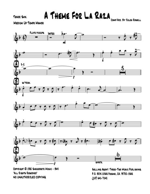 A Theme for La Raza tenor (Download) Latin jazz printed sheet music www.3-2music.com composer and arranger Jules Rowell little big band