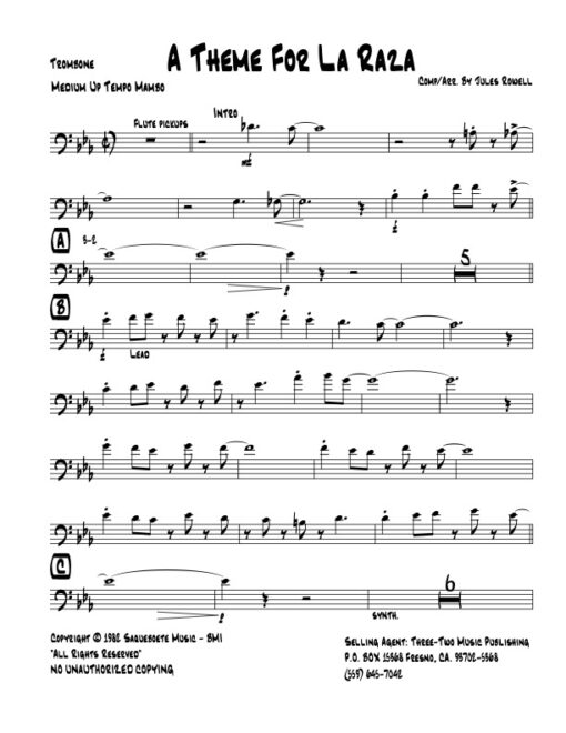 A Theme for La Raza trombone (Download) Latin jazz printed sheet music www.3-2music.com composer and arranger Jules Rowell little big band