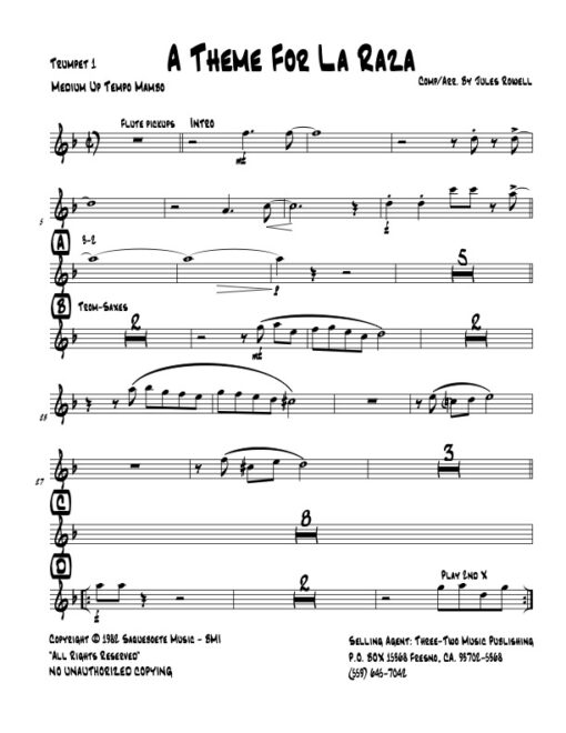 A Theme for La Raza trumpet 1 (Download) Latin jazz printed sheet music www.3-2music.com composer and arranger Jules Rowell little big band