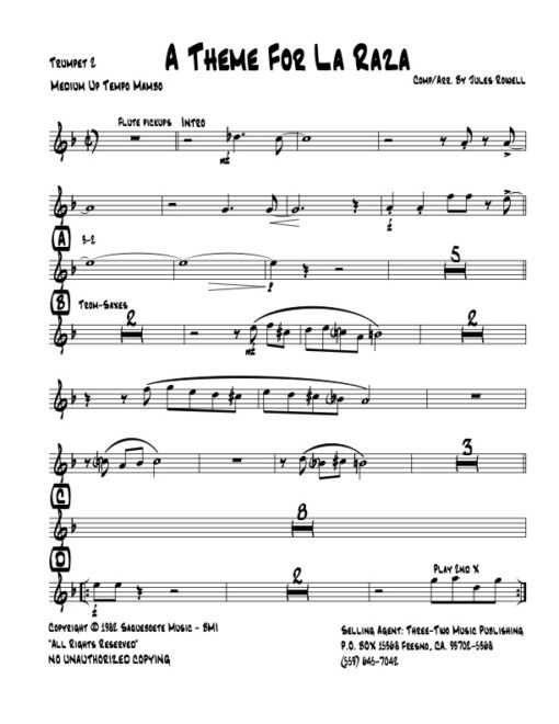 A Theme for La Raza trumpet 2 (Download) Latin jazz printed sheet music www.3-2music.com composer and arranger Jules Rowell little big band