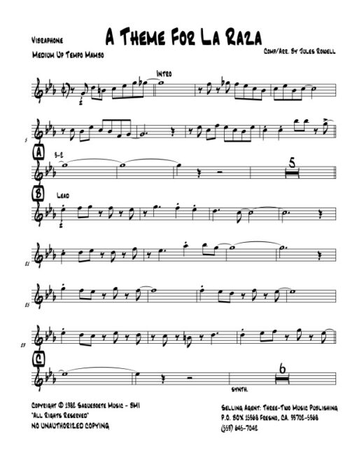 A Theme for La Raza vibraphone (Download) Latin jazz printed sheet music www.3-2music.com composer and arranger Jules Rowell little big band