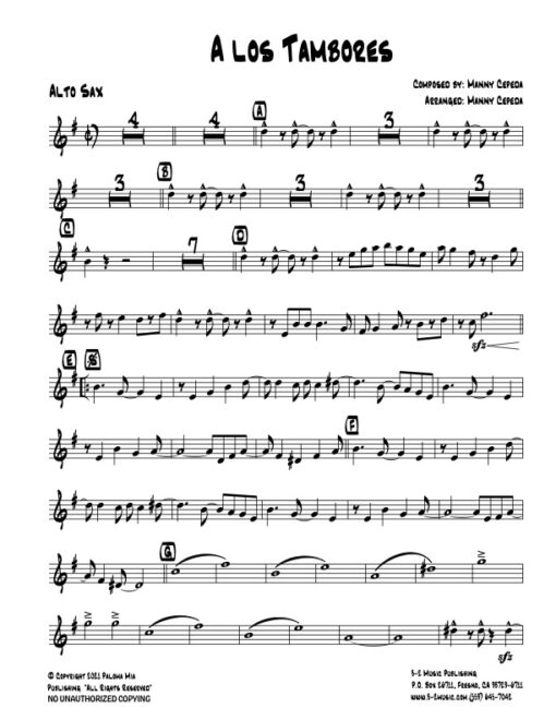 A Los Tambores alto (Download) Latin jazz printed sheet music www.3-2music.com composer and arranger Manny Cepeda little big band instrumentation