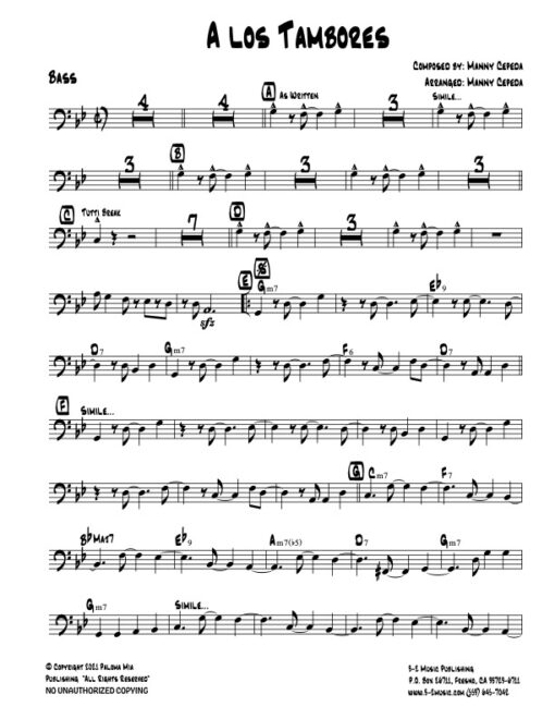 A Los Tambores bass (Download) Latin jazz printed sheet music www.3-2music.com composer and arranger Manny Cepeda little big band instrumentation