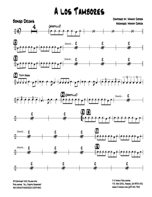 A Los Tambores bongo (Download) Latin jazz printed sheet music www.3-2music.com composer and arranger Manny Cepeda little big band instrumentation