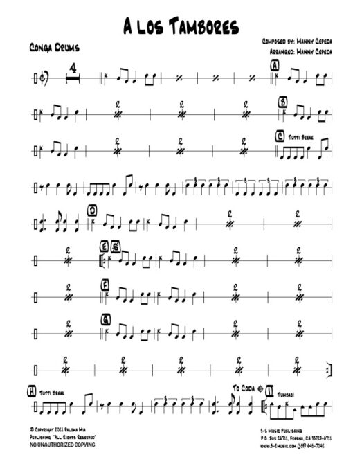 A Los Tambores congas (Download) Latin jazz printed sheet music www.3-2music.com composer and arranger Manny Cepeda little big band instrumentation