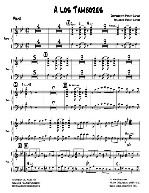 A Los Tambores piano (Download) Latin jazz printed sheet music www.3-2music.com composer and arranger Manny Cepeda little big band instrumentation