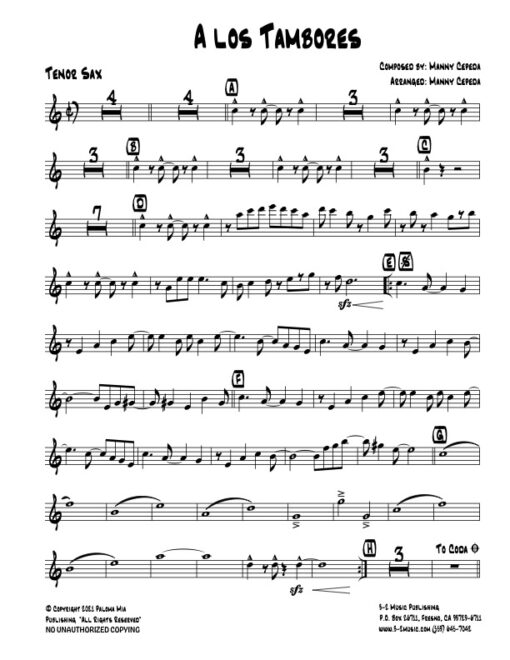 A Los Tambores tenor (Download) Latin jazz printed sheet music www.3-2music.com composer and arranger Manny Cepeda little big band instrumentation