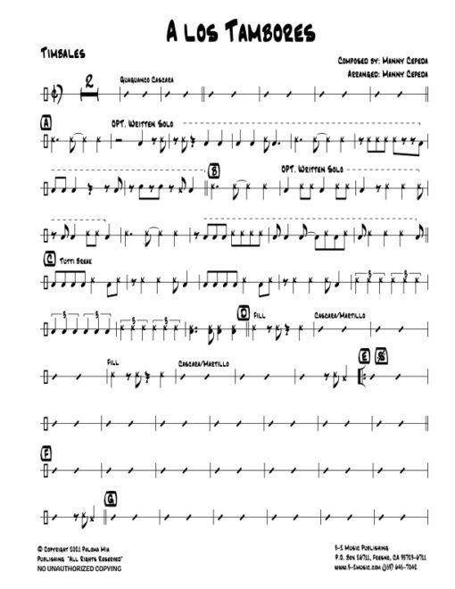 A Los Tambores timbales (Download) Latin jazz printed sheet music www.3-2music.com composer and arranger Manny Cepeda little big band instrumentation