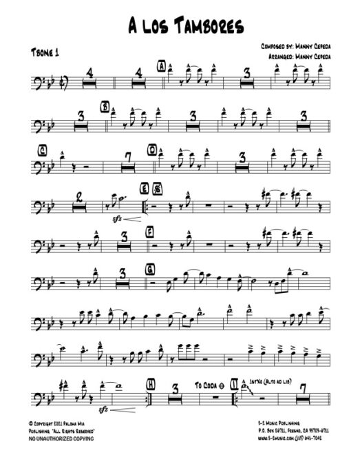 A Los Tambores trombone 1 (Download) Latin jazz printed sheet music www.3-2music.com composer and arranger Manny Cepeda little big band instrumentation