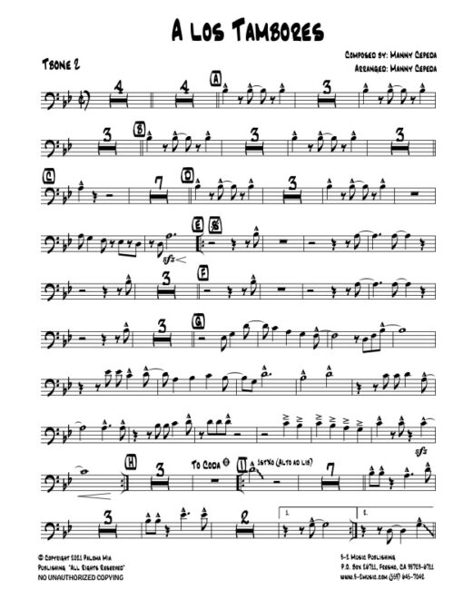 A Los Tambores trombone 2 (Download) Latin jazz printed sheet music www.3-2music.com composer and arranger Manny Cepeda little big band instrumentation