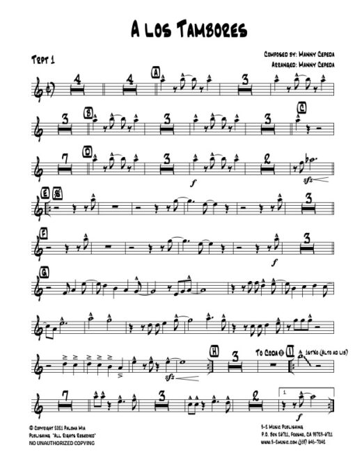 A Los Tambores trumpet 1 (Download) Latin jazz printed sheet music www.3-2music.com composer and arranger Manny Cepeda little big band instrumentation