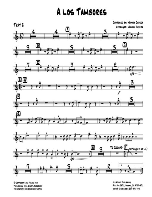 A Los Tambores trumpet 2 (Download) Latin jazz printed sheet music www.3-2music.com composer and arranger Manny Cepeda little big band instrumentation