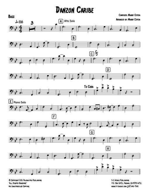 Danzón Caribe bass (Download) Latin jazz printed sheet music www.3-2music.com composer and arranger Manny Cepeda 4-4-5 instrumentation