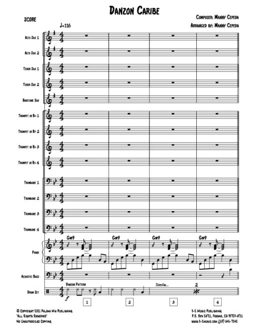 Danzón Caribe score (Download) Latin jazz printed sheet music www.3-2music.com composer and arranger Manny Cepeda 4-4-5 instrumentation