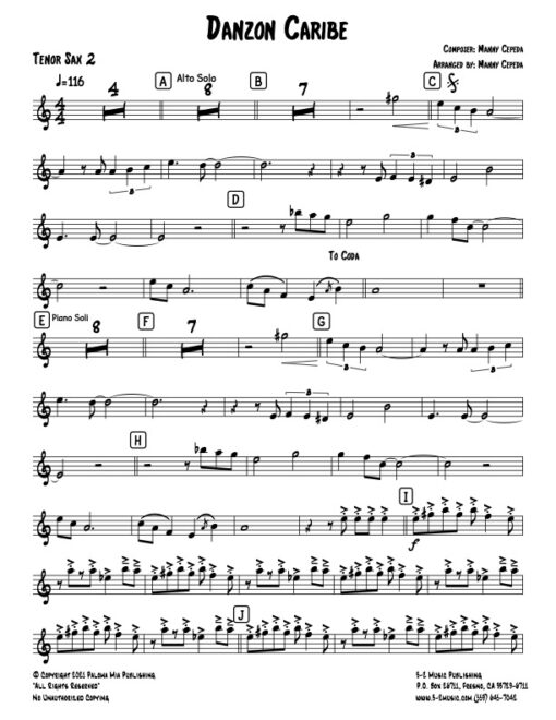 Danzón Caribe tenor 2 (Download) Latin jazz printed sheet music www.3-2music.com composer and arranger Manny Cepeda 4-4-5 instrumentation