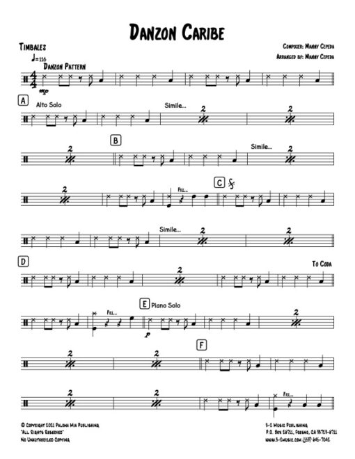 Danzón Caribe timbales (Download) Latin jazz printed sheet music www.3-2music.com composer and arranger Manny Cepeda 4-4-5 instrumentation