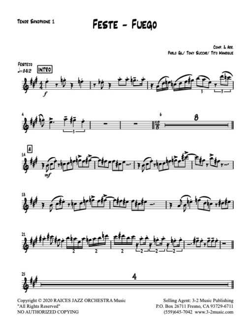 Feste-Fuego tenor 1 (Download) Latin jazz printed sheet music www.3-2music.com composer and arranger Raices Jazz Orchestra big band 4-4-5