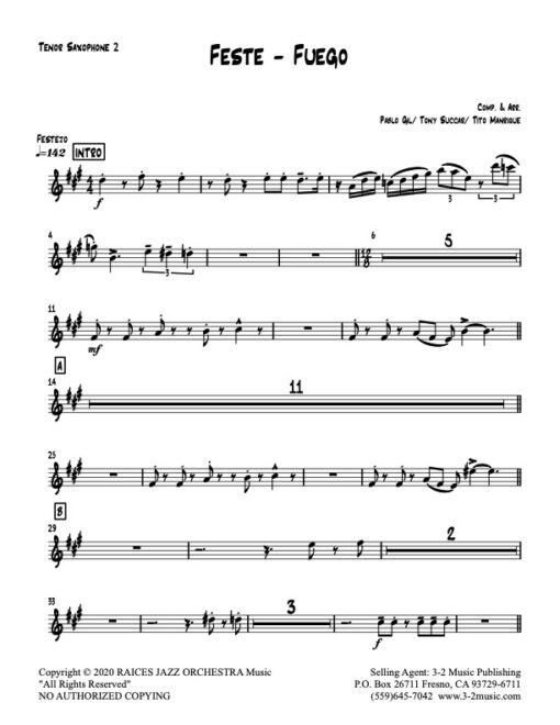 Feste-Fuego tenor 2 (Download) Latin jazz printed sheet music www.3-2music.com composer and arranger Raices Jazz Orchestra big band 4-4-5