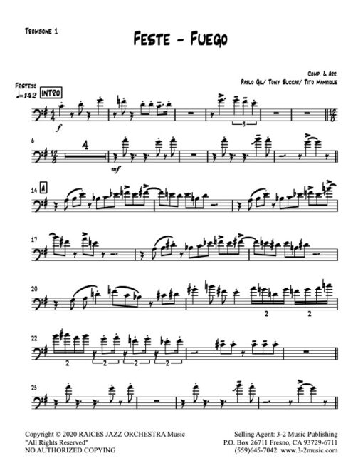Feste-Fuego trombone 1 (Download) Latin jazz printed sheet music www.3-2music.com composer and arranger Raices Jazz Orchestra big band 4-4-5