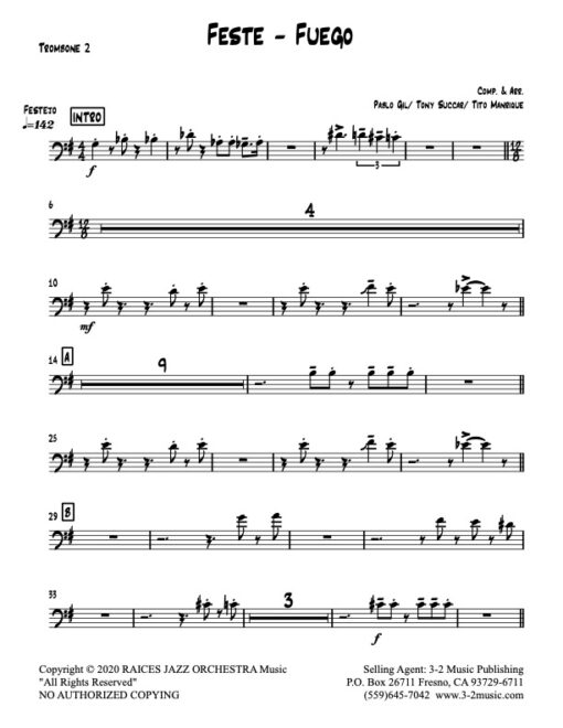 Feste-Fuego trombone 2 (Download) Latin jazz printed sheet music www.3-2music.com composer and arranger Raices Jazz Orchestra big band 4-4-5