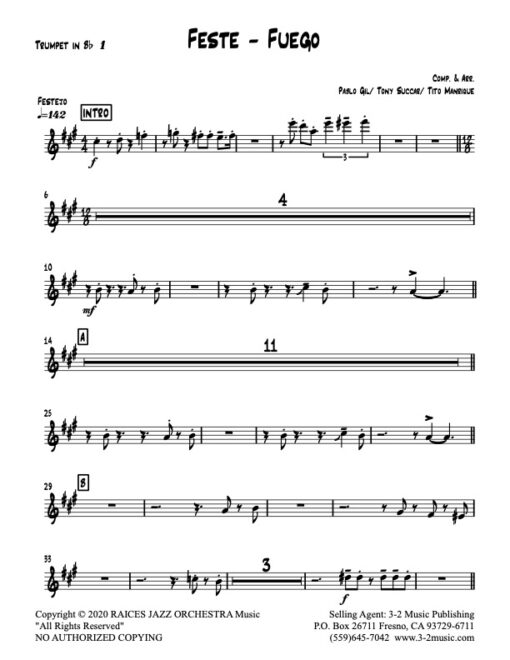 Feste-Fuego trumpet 1 (Download) Latin jazz printed sheet music www.3-2music.com composer and arranger Raices Jazz Orchestra big band 4-4-5