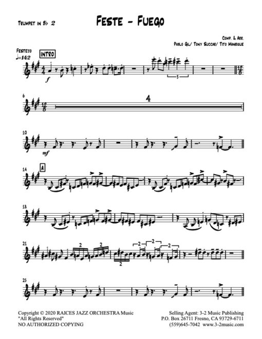 Feste-Fuego trumpet 2 (Download) Latin jazz printed sheet music www.3-2music.com composer and arranger Raices Jazz Orchestra big band 4-4-5