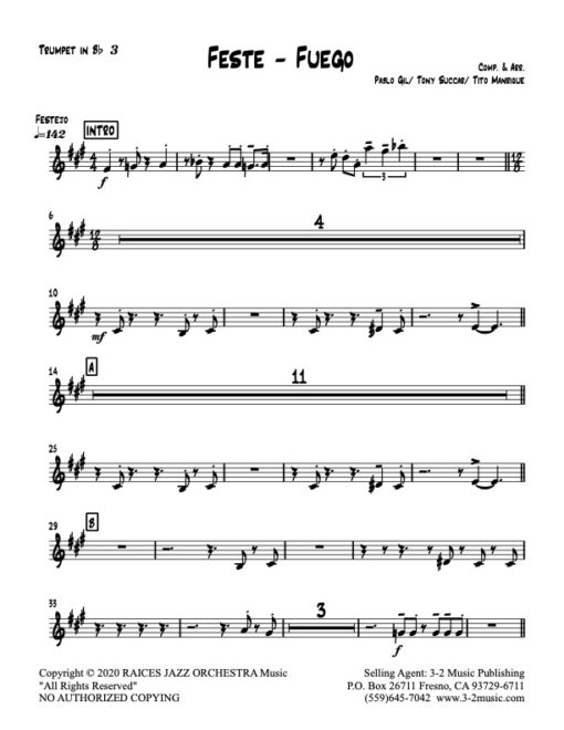 Feste-Fuego trumpet 3 (Download) Latin jazz printed sheet music www.3-2music.com composer and arranger Raices Jazz Orchestra big band 4-4-5