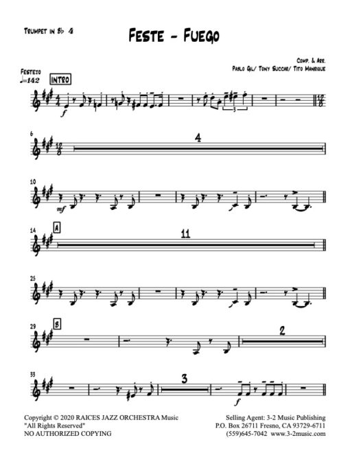 Feste-Fuego trumpet 4 (Download) Latin jazz printed sheet music www.3-2music.com composer and arranger Raices Jazz Orchestra big band 4-4-5