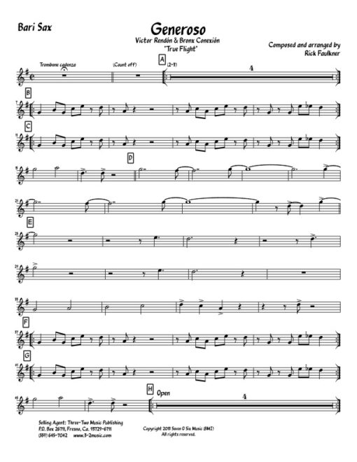 Generoso baritone (Download) Latin jazz printed sheet music www.3-2music.com composer and arranger Rick Faulkner big band 4-4-5 instrumentation