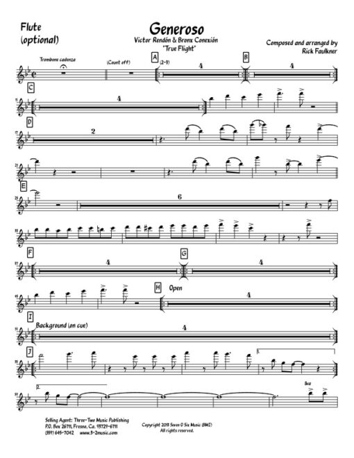 Generoso flute (Download) Latin jazz printed sheet music www.3-2music.com composer and arranger Rick Faulkner big band 4-4-5 instrumentation