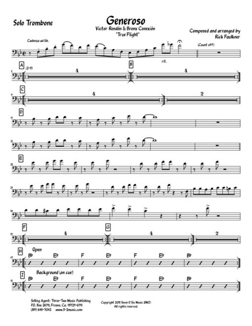 Generoso solo trombone (Download) Latin jazz printed sheet music www.3-2music.com composer and arranger Rick Faulkner big band 4-4-5 instrumentation