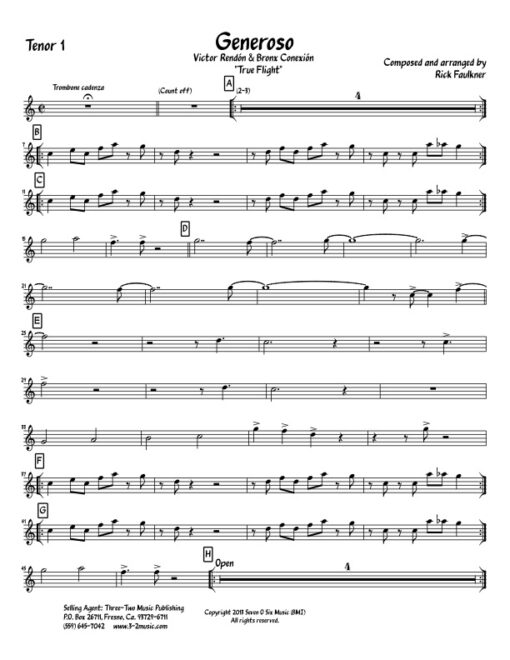 Generoso tenor 1 (Download) Latin jazz printed sheet music www.3-2music.com composer and arranger Rick Faulkner big band 4-4-5 instrumentation