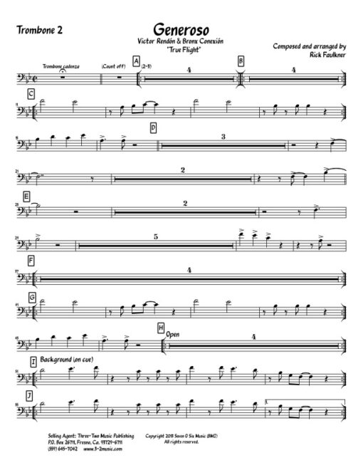 Generoso trombone 2 (Download) Latin jazz printed sheet music www.3-2music.com composer and arranger Rick Faulkner big band 4-4-5 instrumentation