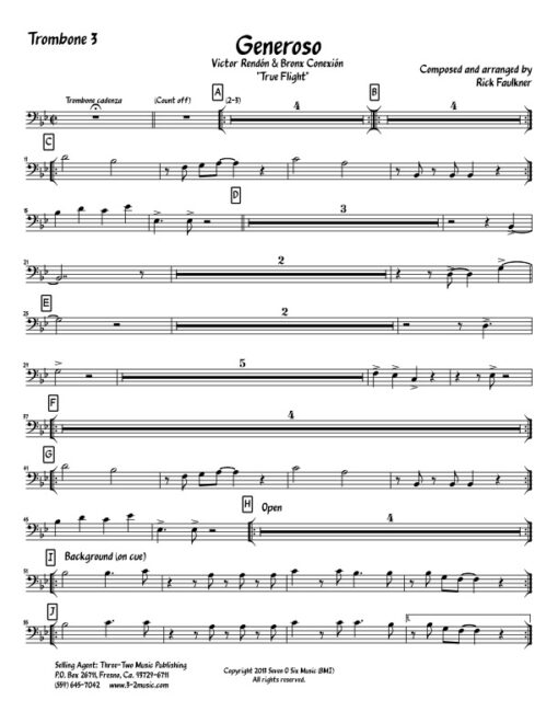 Generoso trombone 3 (Download) Latin jazz printed sheet music www.3-2music.com composer and arranger Rick Faulkner big band 4-4-5 instrumentation