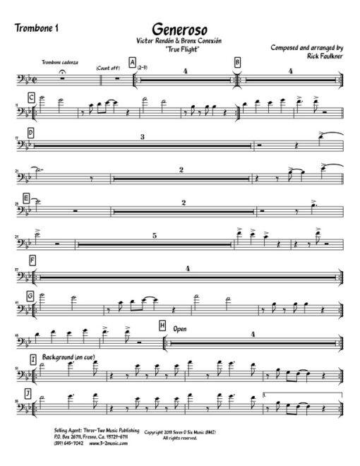 Generoso trombone 1 (Download) Latin jazz printed sheet music www.3-2music.com composer and arranger Rick Faulkner big band 4-4-5 instrumentation