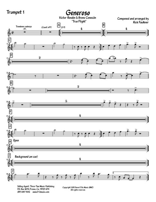 Generoso trumpet 1 (Download) Latin jazz printed sheet music www.3-2music.com composer and arranger Rick Faulkner big band 4-4-5 instrumentation