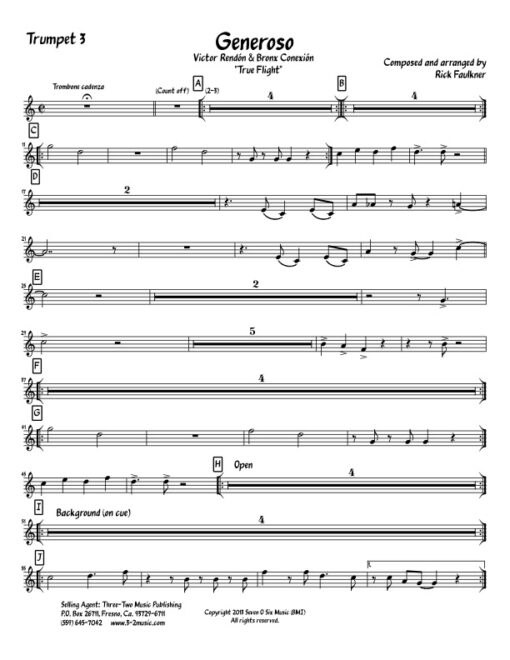 Generoso trumpet 3 (Download) Latin jazz printed sheet music www.3-2music.com composer and arranger Rick Faulkner big band 4-4-5 instrumentation