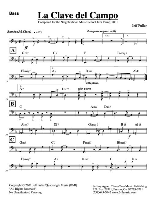 La Clave Del Campo bass (Download) Latin jazz printed sheet music www.3-2music.com composer and arranger Jeff Fuller combo (octet) instrumentation